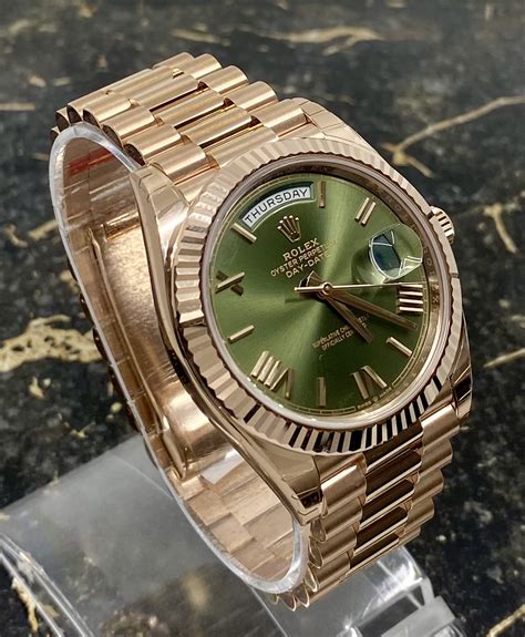 rolex day-date rose gold green dial review|rolex day date 40 228235.